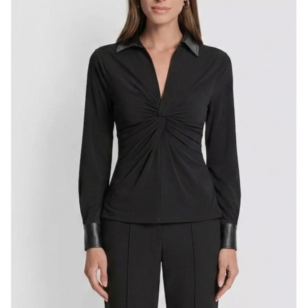 DKNY Women's Blouse Long Sleeve Twist-Front Contrast-Trim Top Black‎ Size L
